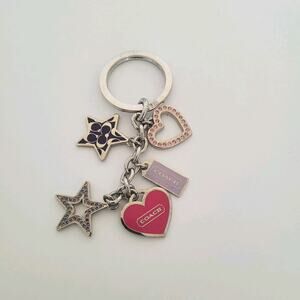 Coach Key Chain Ring Fob Ring Bag Charm Silver Keychain Hearts Stars Purple